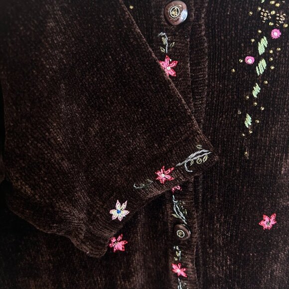 Vtg Brown Chenille‎ Cardigan Sz L • Beaded Embroidery Sparkle Cottagecore Granny - Picture 7 of 9